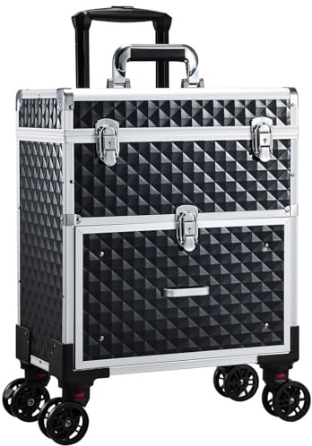 Joligrace Makeup Case Vanity Case Large Beauty Makeup Trolley on Wheels with Drawer Make Up Box Organiser Nail Polish Organiser Storage, Black and Silver