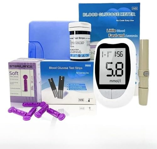 Blood Glucose Monitor Kit with Glucometer, 50 Test Strips, 50 Lancets, Lancing Device, and Storage Case – No Coding, Large Display, Fast & Accurate Results for Diabetes Testing at Home
