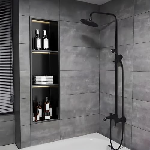 ZBORAVPIX Einbauregal Dusche Nische Alcove， Einbau-Duschnische mit LED-Beleuchtung, Keine Fliesen erforderlich, schwarz, mehrere Größen(90x28cm)