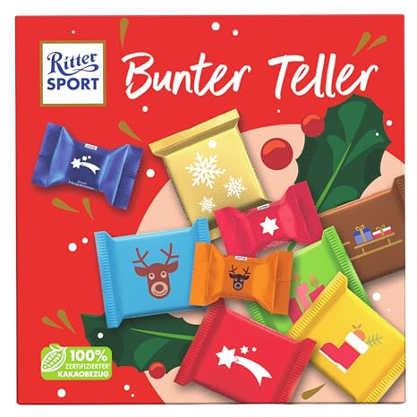 Ritter Sport Bunter Teller, Mix aus 9 minis und 10 Schokowürfeln im Weihnachtsdesign, Adventskalender, festliche Schokoladenvielfalt zum Verschenken, Geschenk für Kinder & Erwachsene, 1 Stück, 230g