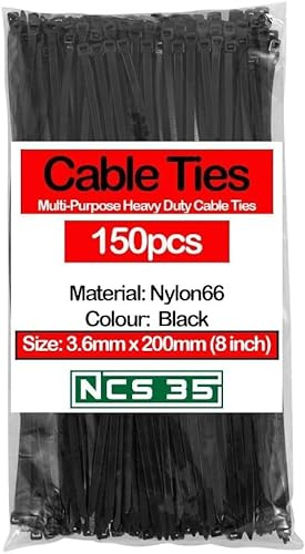 150x Black Nylon Cable Ties (3.6mm×200mm) 8 Inch NCS35® Heavy Duty, Self-Locking,UV Resistant,Multi-Purpose Plastic Cable Managment Tie Wraps18kg Tensile Strength for Electrical,Nylon Strong Zip Ties