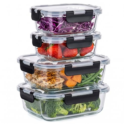 Hotec Glas-Frischhaltedosen Set, (4er-Pack), Auslaufsicher, BPA-frei, Mikrowellen-, Ofen-, Gefrier- & Spülmaschinengeeignet, Robustes Borosilikatglas (1040ml & 370ml)