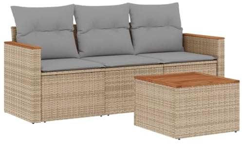 GeenYuu 4-TLG. Garten-Sofagarnitur mit Kissen Beigemischung Poly Rattan, wetterfestes Lounge-Set mit Akazienholz Tisch, pulverbeschichtetem Stahlrahmen, ideal für Terrasse