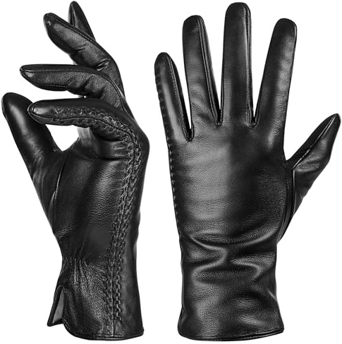 QNLYCZY Genuine Sheepskin Leather Gloves for Women, Winter Warm Touchscreen Texting Cashmere Lined Driving Dress Gloves