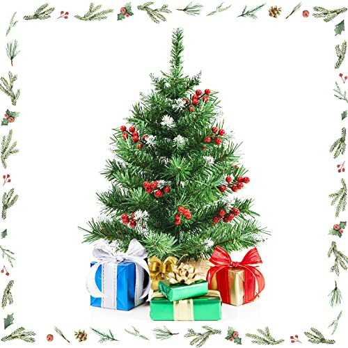 GOPLUS 60CM Sapin Artificiel en Pot avec Neige 74 Branches et 12 Bouquet de Fruits Rouges 84 Baies de Houx, Petit Arbre Effet Neige,Pot Stable,Décor de Fête Faux Buisson,Petit Sapin de Noël (60CM)