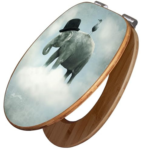 banjado Design WC Sitz Bambus Absenkautomatik 45,8x37,5cm / Toilettendeckel mit Absenkautomatik Holz/hochwertiger Bambus Klodeckel/WC-Sitz für gängigen Toiletten/Motiv Elefant und Möwe