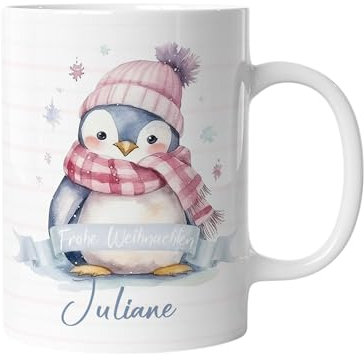 timalo® Kinder-Tasse Kunststoff Plastik bruchsichere Kindertasse mit Namen personalisiert „Frohe Weihnachten“ Jungen und Mädchen | Pinguin