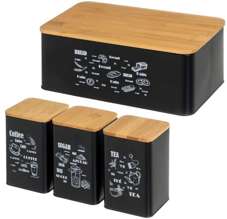 LOLAhome Boîte à pain avec couvercle en bambou et 3 pots en métal noir pour café, sucre et thé Idéal pour petit déjeuner