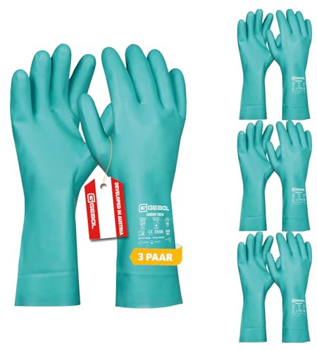 Gebol Green Tech, nitrilhandskar mot kemikalier, syra, olja och fett, vattentäta arbetshandskar för rengöring, trädgård och laboratorium, män, storlek L (Gr 9), grön, 3 par multipack