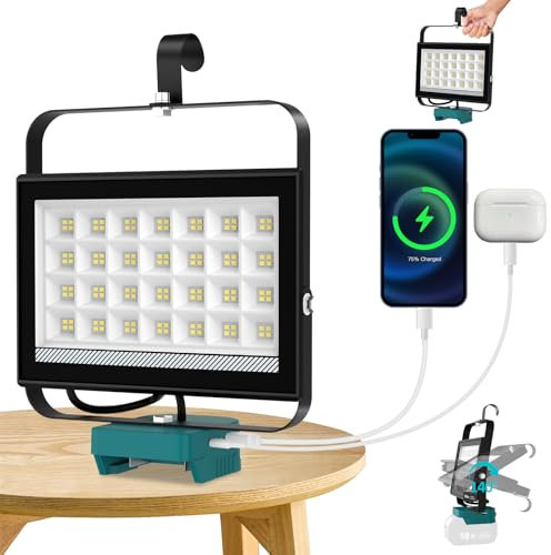 T-SUN Cordless LED Work Light for Ma-Kita 18V Battery, 100W Portable Jobsite Flood Light with USB Charging Port, Indoor Outdoor Flashlight Spotlight for Camping/Emergency/Garage/Repairing(No Battery)