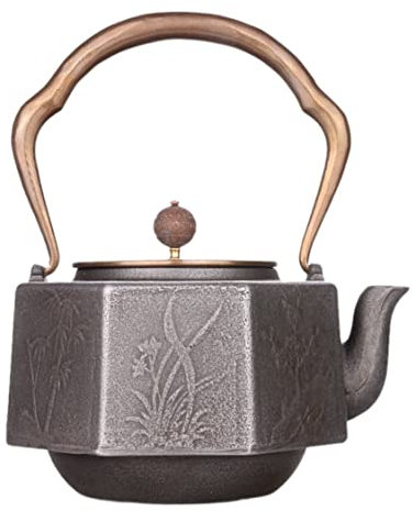 IWENZHKPA Tetera Teapot Tetera De Hierro Fundido De 1,2 L, Tetera De Hierro, Tetera Artesanal, Cubierta De Cobre Retro, Mango De Cobre, Hierro Manual Sin Recubrimiento Tetera Infusiones