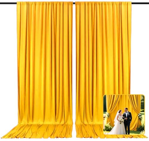 Lot de 2 rideaux de fond jaune doré de 3 x 2,1 m pour fêtes, mariages, fêtes prénatales, enterrement de vie de jeune fille, fête d'anniversaire de Noël, séance photo, rideaux décoratifs