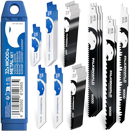 FALKENWALD® Säbelsägeblätter Set 32-tlg – 22x Holz + 10x Metall - Bi-Metall & HCS - Für Holz, Metall, Rohre, Laminat - Passend für Bosch, Makita, Einhell u. v. m.