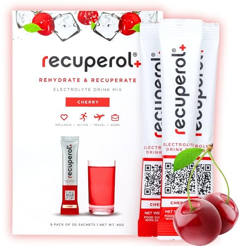 Recuperol Electrolytes Sachets - Rehydration Electrolytes Powder with Zinc, Vitamin C, B12, D3 & Potassium for Hydration - Sugar Free, Vegan & Low Calorie - Cherry 8 Pack