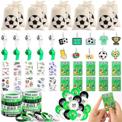 Fußball Party Mitgebsel Set für Kinder,Kindergeburtstag Mitgebsel Set-Fußball Flipperspiel-Luftballon-Jutebeutel mit Kordelzug-Trillerpfeife-Armband-Schlüsselanhänger-Tattoo-Partei-Jungen Mädchen