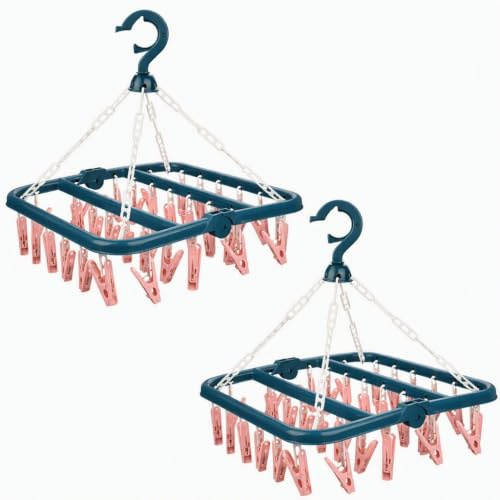 wonkeken Folding Sock Dryer with 32 Clips Foldable Clothes Drying Rack for Washing Line Multi-Functional Plastic Hangers with Pegs for Underwear Bras Baby Clothes Shoe Insoles Hats