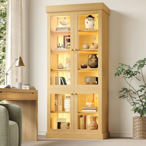 BTM Modern Display Cabinets with Glass Doors & LED Lights, Freestanding Bookcase/Cabinet for Living Room, Oak colour