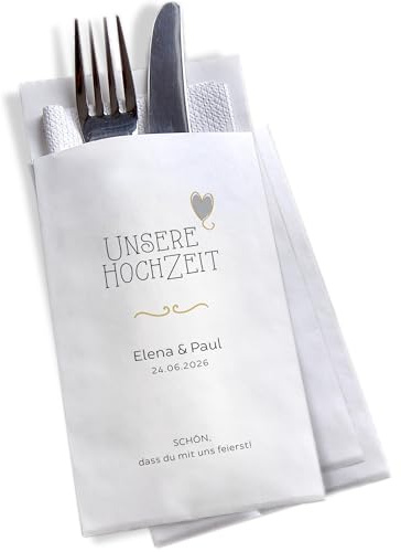 Bestecktasche Hochzeit personalisiebar | Tischdeko Hochzeitsfeier weiß, grau, Goldton | Set ab 10 Stück | Staffelpreisrabatt