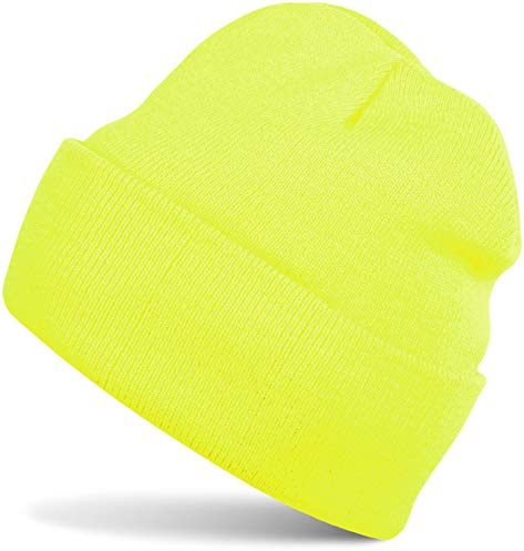 styleBREAKER Unisex Beanie Mütze einfarbig | Klassische Feinstrick Winter Strickmütze mit breitem Umschlag | Elastische Beanie in vielen Farben für Damen und Herren, Farbe:Neongelb