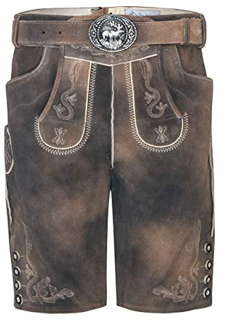 Schöneberger Trachten Couture Herren Vintage Lederhose Steiermark kurz - Trachtenlederhose Antik Taupe inkl. Trachtengürtel Modell Steiermark (48, grau-braun)