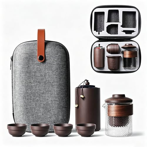 Service à thé de voyage en céramique Kung Fu chinois, portable, fait à la main, en argile violette, sac cadeau pour adultes (3 ensembles de thé en argile violette)