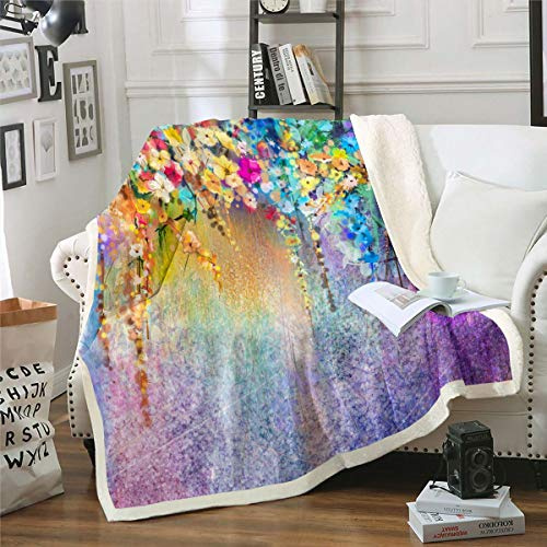 Loussiesd Flower Fleece Throw Blanket Blossoms Ivy Flowers Plush Blanket for Sofa Bed Colorful Floral Abstract Herbs Weeds Blue Purple Single 50x60 Inch