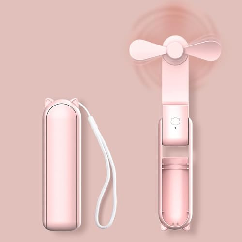 Handventilator, Faltbarer Taschenventilator Mini für Reise, Büro, Pendeln | 125g Ultraleichter, Taschen, 20H Max Akku mit Powerbank, USB Aufladbar, 3 einstellbare Windstufen, Leise, Faltbarer, Rosa
