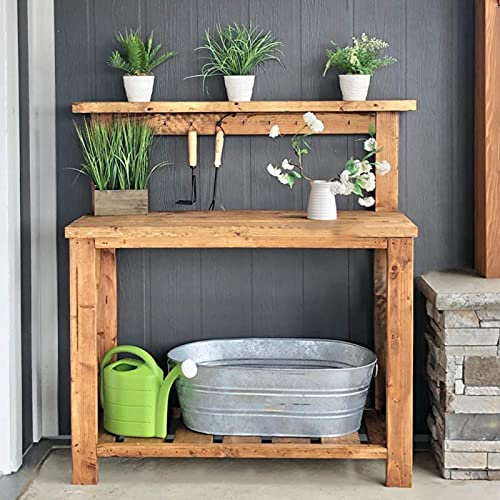 YYUN Garden Wooden Potting Bench Table Work Station Open Shelves Multi-Function Workbench Storage Shelf with Hook (Multiple Colour) (Color : Wood Color)