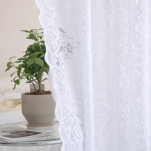 Aligogo, Spitzen-Kurzgardinen, 114 cm lang, Vintage-Küchenvorhänge in Weiß mit Sichtschutz, aus dichter Blumenspitze, für kleine Fenster; Kurze Vorhänge mit Stangendurchzug, 2er-Set, 132 x 114 cm