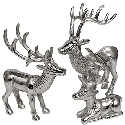 MichaelNoll Hirsch 3er Set - Liegend, stehend - Rentier Aluminium Metall Silber - Figur Statue Dekofigur - Deko für Wohnzimmer, Küche, Schlafzimmer - Weihnachten Winter - Hirschgeweih Dekoration