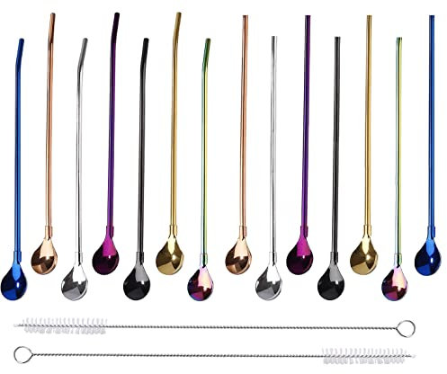 14Pcs Edelstahl Trinkhalme Löffel, BetterJonny Trinkhalme Löffel 2 in 1 Wiederverwendbare Strohhalme Löffel Trinkhalmlöffel Löffel-Strohhalme ideal als Latte Macchiato und Cocktail-Löffel (7 Farbig)