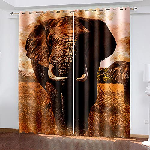 MTBDyyds Verdunkelungsvorhänge 3D Drucken 150X166Cm Wiese Grau Elefant Verdunklungsvorhänge Kinderzimmer 2 Stück Vorhang Blickdicht Ösenschal Kindergardinen Junge Verdunklungsgardine