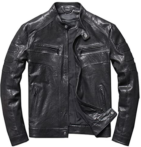 Schaffell Lederjacke Herren Motorrad Slim Jacke Kurz Leder Mantel Stehkragen Schwarz 4XL