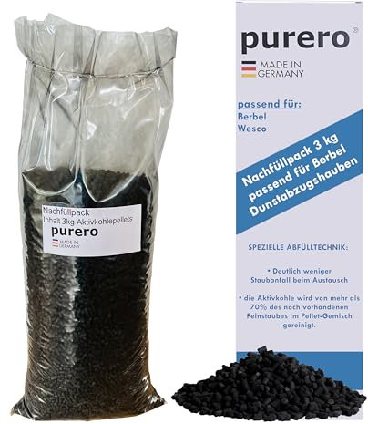 purero® Carbone attivo 3,0 kg ricarica – adatto per cappe aspiranti Berbel – pellet di carbone attivo – Made in Germany