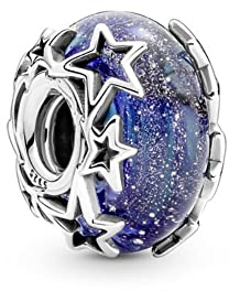 Charmes Murano verre bleu pour Bracelets - Charms de Perles ajourées en Argent Sterling 925, charmes de Coeur d'amour pour Bracelets et Colliers pour Femmes