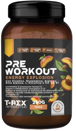 T-Rex Integratori Pre Workout, Energy Drink Potente con Creatina Monoidrata, Citrullina, Taurina, Arginina, Beta Alanina e Vitamine - Senza Caffeina, 250 g (250 g (Confezione da 1), Pesca)