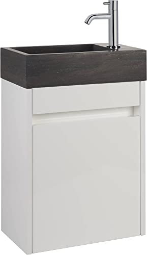 Saqu Florence Gäste WC Waschbecken mit Unterschrank Vormontiert - in glänzendem Weiß mit Naturstein-Waschbecken rechts - Kleines Gäste WC Bad Möbel mit Waschtisch