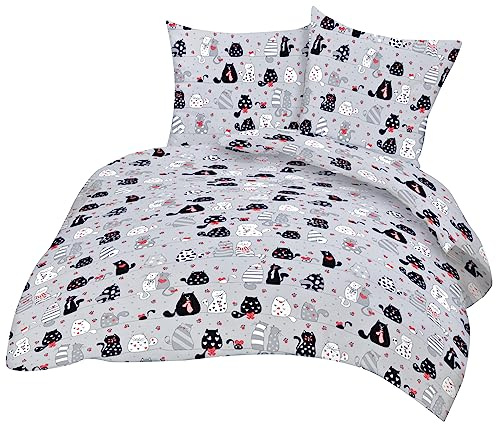 2-teilige Renforcé Bettwäsche 135x200cm und 80x80cm Katzen (KY-Katzen-Grau) | Katzen mit Pfoten und Herzen - 100% Baumwolle, Bettgarnitur, Kinder, Reißverschluss