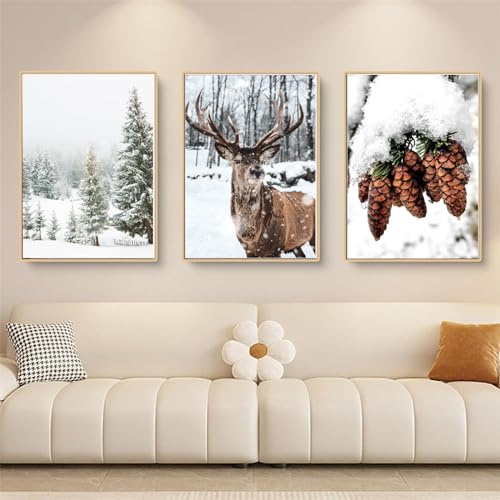 Qeuufieu Moderne Premium Wandbilder 3er Set Bilder Winter Poster Hirsche Natur Aesthetic Bilder Wandbilder, Wohnzimmer Schlafzimmer Wanddeko, ohne Rahmen