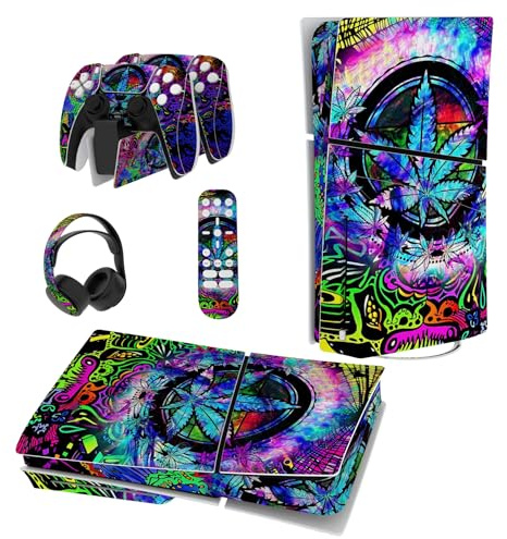 playvital Autocollant Protection pour ps5 Slim Standard Console | Sticker Skin pour ps5 Manette & Télécommande & Casque & Station de Charge，Disc Edition-Feuille Psychédélique
