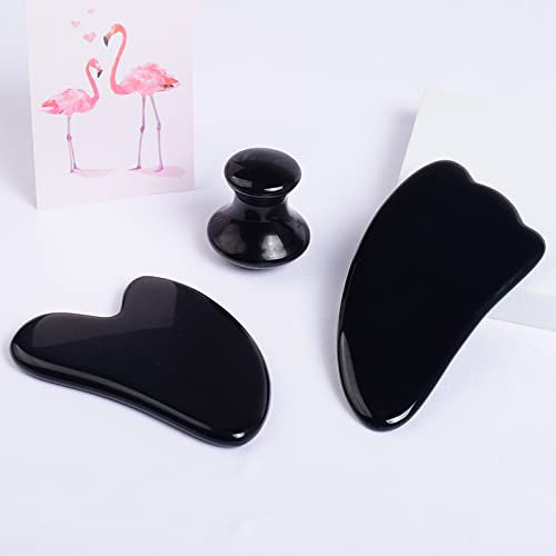 ICXLPMC Haussammlung Jade-Sägezahn-Gesichtsroller, GuaSha-Werkzeug-Set, natürlicher schwarzer Obsidian-Kristallstein, 3-teilig(Color:3 Pcs Guasha Tool)