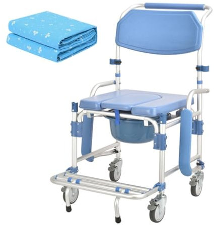 LIBRACTA Toilettenrollstuhl, Rollstuhl Mit Wc Eimer Fahrbarer Toilettenstuhl Mit Klappbarer Fußstütze Verstellbare Armlehne Dusch Toilettenrollstuhl Antirutschenden (Mit Inkontinenzauflage)