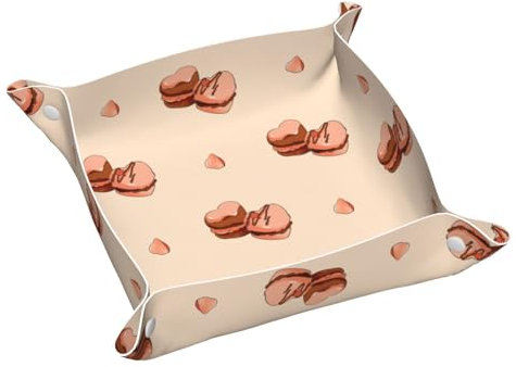 Plateau de rangement en cuir imprimé macarons de dessin animé imperméable et facile à nettoyer pour ranger clés, bijoux, maquillage et autres petits articles. Taille M 24 x 24 cm