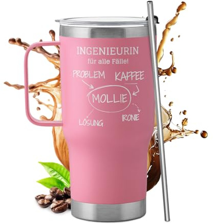 Maverton Personalisierter Thermobecher mit Strohhalm 600 ml - rosa Kaffeebecher To Go mit Deckel - Personalisierte Geschenke für Frauen - Abschiedsgeschenk Kollegin - Geschenk für Arbeitskolegin
