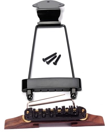 Höhenverstellbarer Archtop Gitarrensteg für 6-saitige Jazzgitarren | Legierung in Schwarz, Inkl Montageschrauben, mit Basis und Einstellschrauben, Einzel Saitenreiter