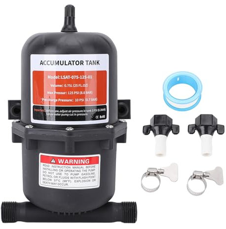 Pre Pressurized Accumulator Tank, 0.75L, 125PSI, 1/2 MNPT Port Fitting, Reduced Pump Cycling and Waterflow Control, Suitable for RV, Boat, Travel Trailer, Caravan