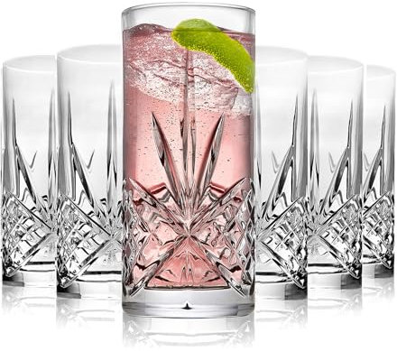 CORIYA Juego de 6 vasos de agua Highball, vasos de jugo, vasos de base para vino, cerveza, whisky, cócteles, bebidas, vaso alto