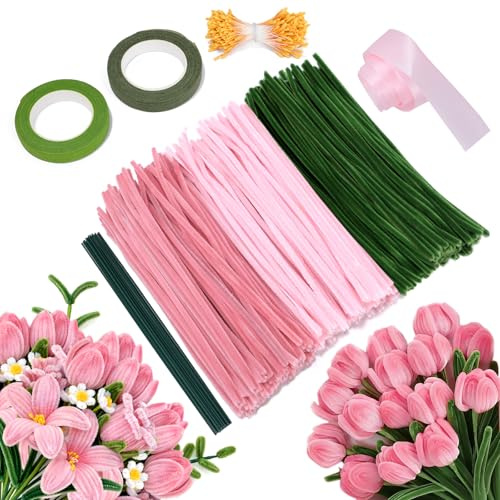Pfeifenreiniger Blumen Set 300 Stück Pfeifenputzer zum Basteln mit Blumendraht,Geschenkband & Staubblatt für DIY Blumenstrauß-Dekorationen, Flexible for DIY Tulip(Rosa & Grün)