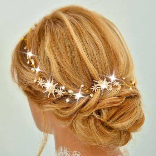 Unicra Star Gold Hochzeit Haar Rebe Strass Braut Stirnband Kristall Haarschmuck für Frauen und Bräute (Gold, One Size)