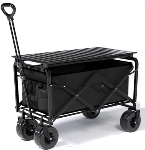Chariot de Transport Pliable avec Frein Chariot Plage à roulettes Tout Terrain avec Roues Amovibles Poignée Réglable Poche Latérale Chariot de Transport Pliable pour Jardin Camping Pique-Nique